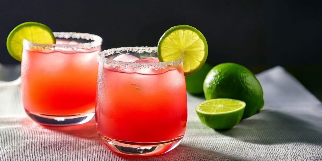 Two vibrant reddish-pink Guava Margaritas with lime garnish