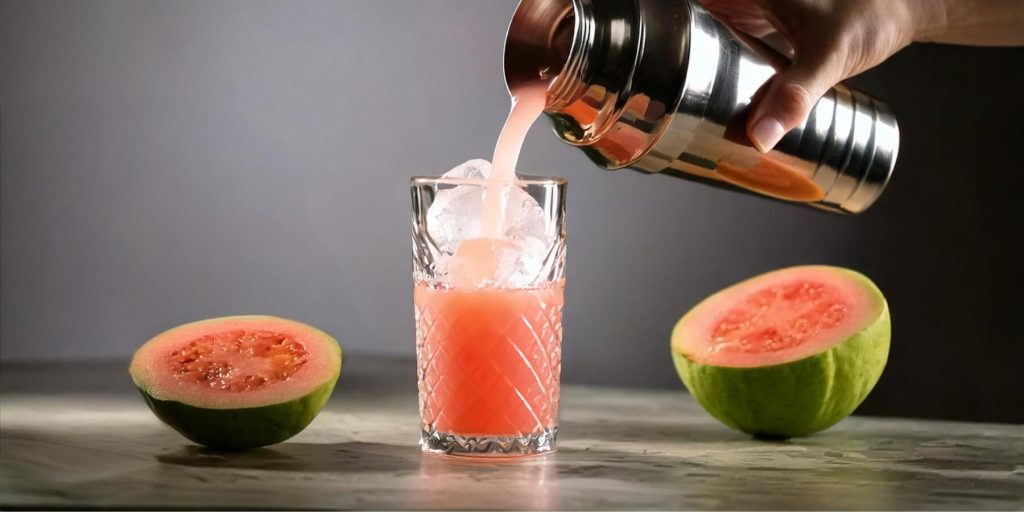 Close-up of a hand pouring guava juice from a cocktail shaker into a glass