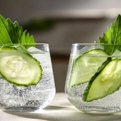 Two Shiso Gin and Tonic cocktails with cucumber garnish