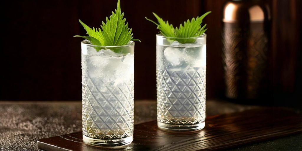 Two Shiso Highballs with fresh shiso leaf garnish