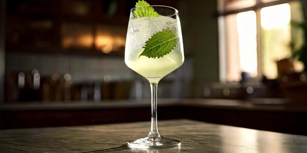 Close-up of a Shiso Yuzu Spritz in a modern kitchen setting