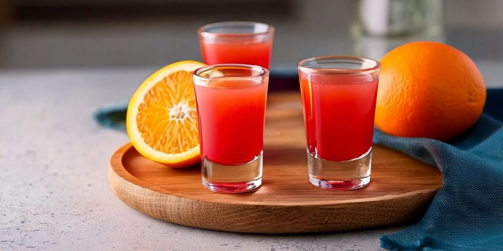 Three vibrant red-orange Alabama Slammer Shots in shot glasses, served with fresh orange halves on a round wooden tray with a blue napkin.