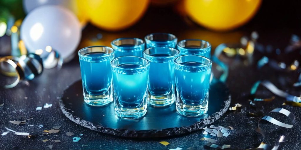 A group of electric blue Blue Kamikaze Shots arranged on a round black tray, surrounded by festive balloons and confetti. 