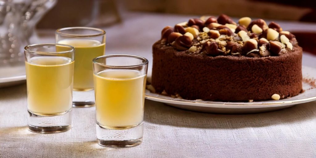 Three pale yellow Chocolate Cake Shots served in shot glasses, with a chocolate and nut cake in the background on a cream linen tablecloth.