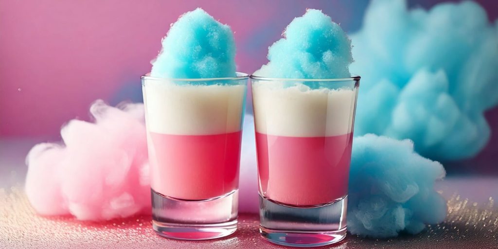 Two whimsical Cotton Candy Shots with pink and cream layers, each topped with a puff of blue cotton candy.