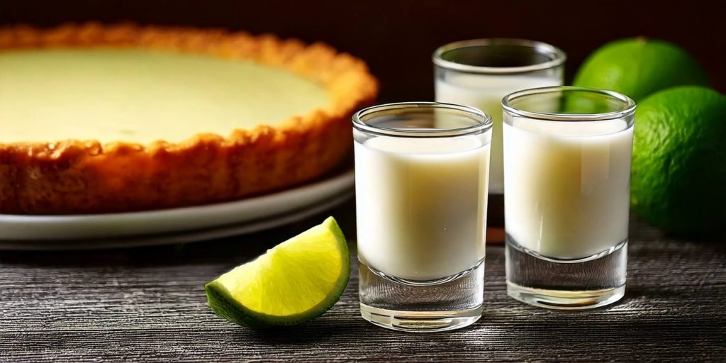 Three creamy white Key Lime Pie Shots in shot glasses, styled with lime wedges and a key lime pie in the background.