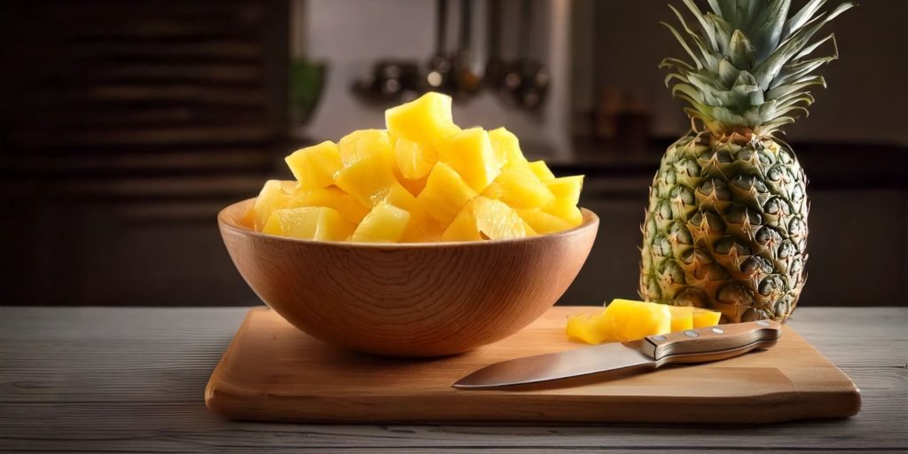 A bowl of chopped pineapple on a wooden board with a knife