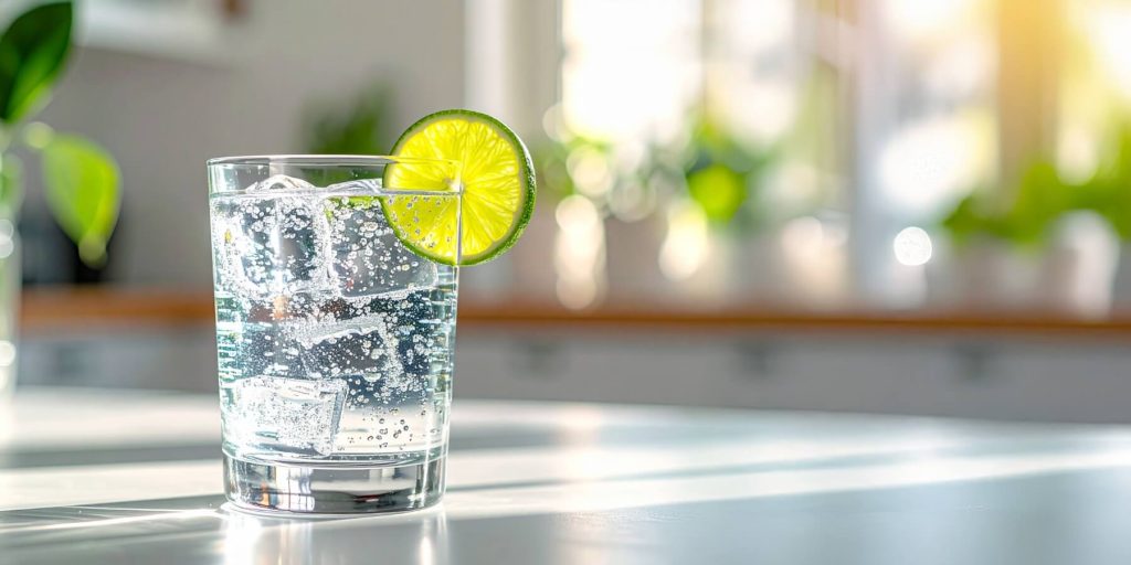 Glass of Tequila Soda with ice cubes and a lime wheel garnish, set on a sunlit kitchen counter with soft-focus greenery in the background.