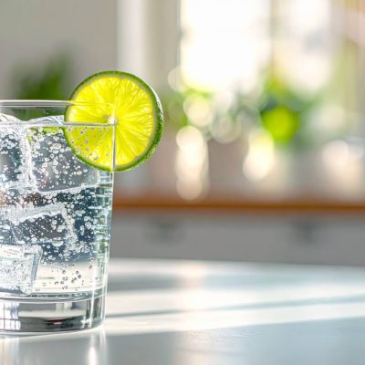 Glass of Tequila Soda with ice cubes and a lime wheel garnish, set on a sunlit kitchen counter with soft-focus greenery in the background.