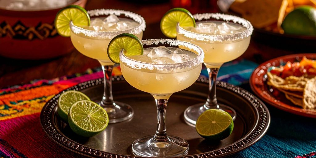 Close up of three simple tequila cocktails served on a tray in a Mexican dinner setting