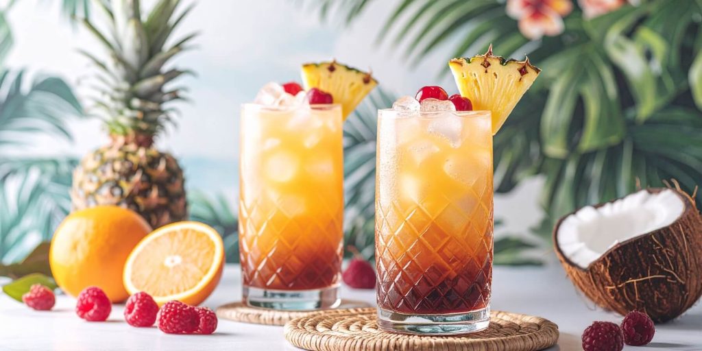 Two Mai Tai cocktails against a tropical themed background