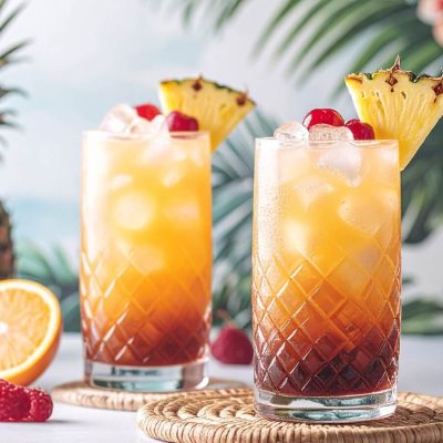 Two Mai Tai cocktails against a tropical themed background