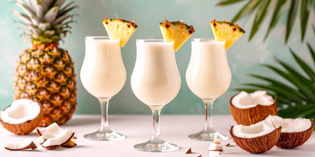 Three elegant Piña Coladas with fresh pineapple wedge garnish, next to halved coconuts 