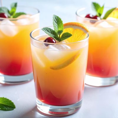 Three Rum punch cocktails with mint, orange and cherry garnish