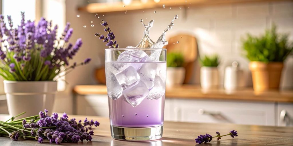 Lavender cocktail with large ice cubes in a clear glass, caught mid-splash, set on a kitchen counter with fresh lavender and potted herbs.