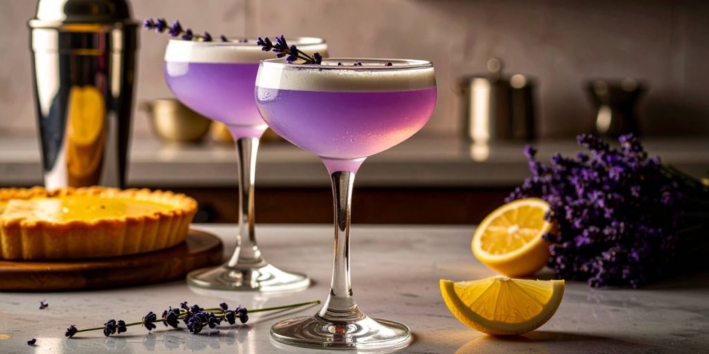 Two coupe glasses filled with Lavender Gin Fizz, garnished with lavender, with a lemon tart and cocktail shaker in the background.