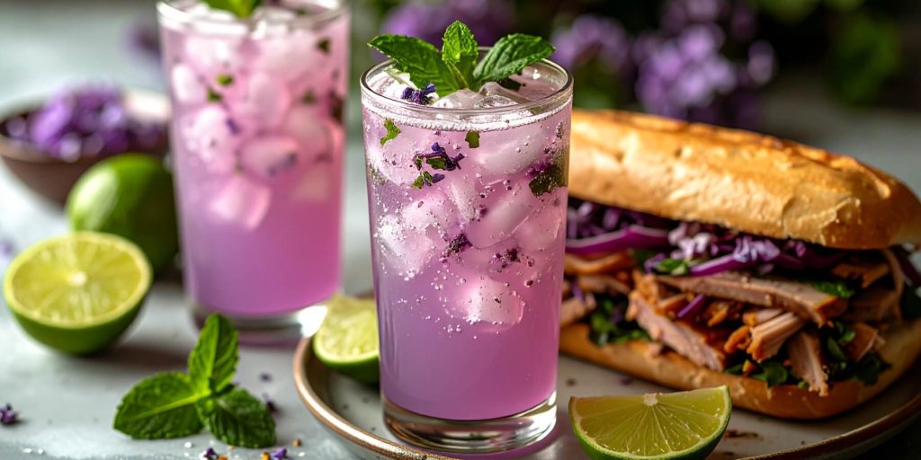 Two glasses of Lavender Mojito with mint and ice, served alongside a lime and a pulled pork sandwich.