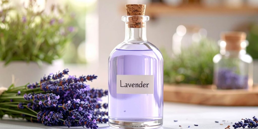 Glass bottle of lavender syrup with cork stopper next to fresh lavender sprigs on a kitchen counter.