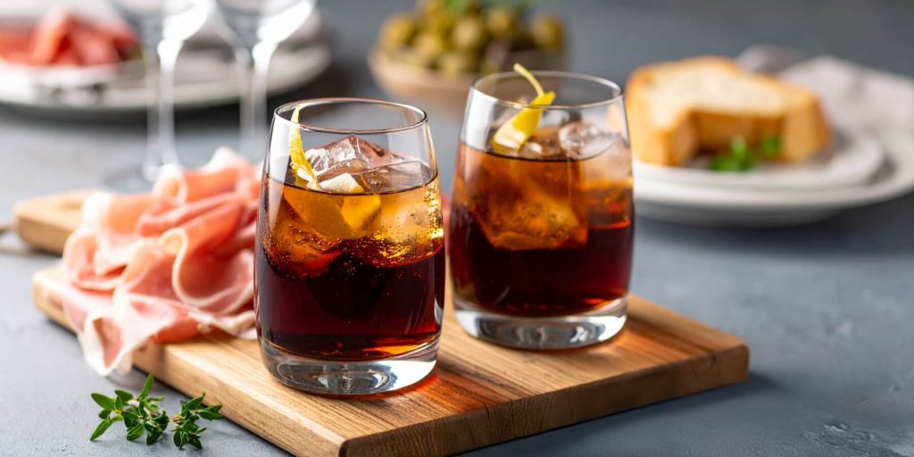 Two Cynar Negronis served with aperitivo hour bites
