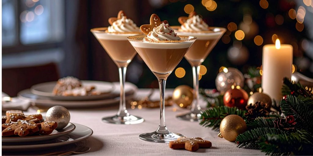 Three Gingerbread Martinis on a Christmas dinner table
