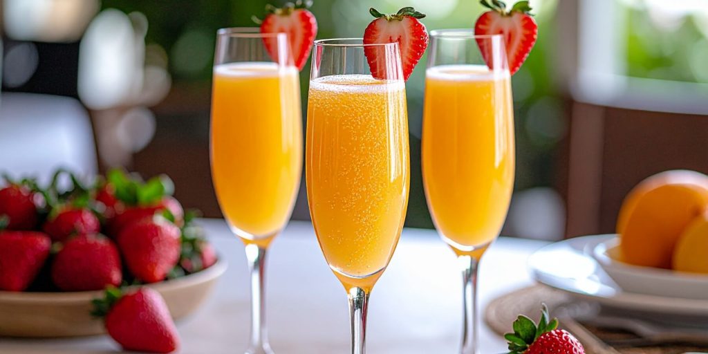 Three Grand Mimosa orange liqueur cocktails with sliced strawberry garnish
