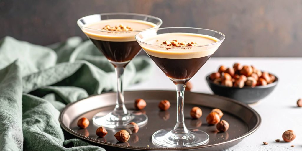 Close-up of two Hazelnut Espresso Martinis with crushed hazelnut garnish