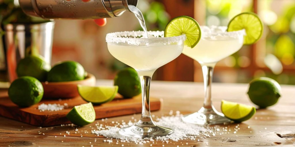 Front view of a two Margarita cocktails being poured in a light bright home kitchen on National Tequila Day