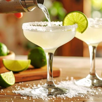 Front view of a two Margarita cocktails being poured in a light bright home kitchen on National Tequila Day