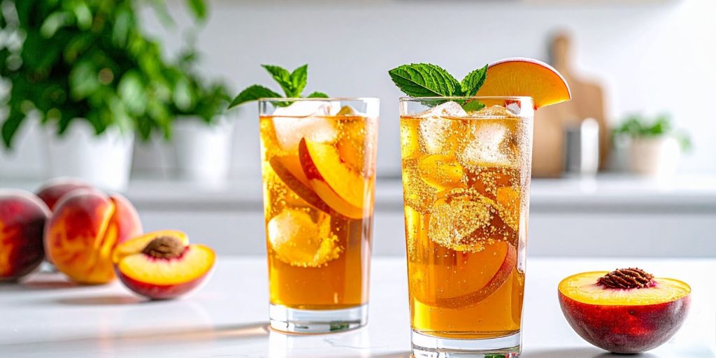Two Bourbon Peach Sweet Tea cocktails with fresh mint and peach garnish