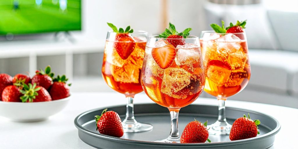 Three Strawberry Negroni Sbagliato cocktails with Wimbledon tennis match in the background