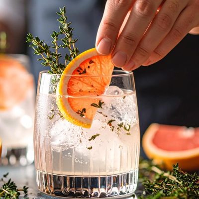 Close-up of a hand garnishing a G&T with a slice of halved grapefruit