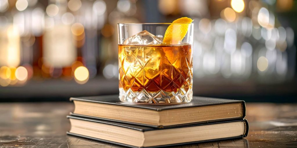 Close-up of an Old Fashioned cocktail on top of a stack of books