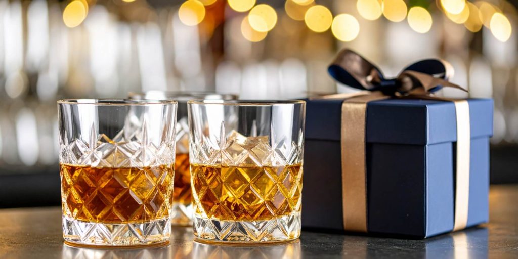 Two glasses of bourbon on the rocks next to a navy blue gift box