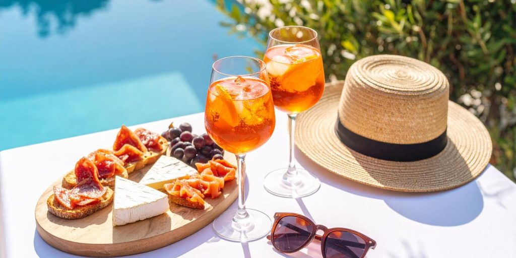 cocktails by the pool with cheese board, hat and sunglasses