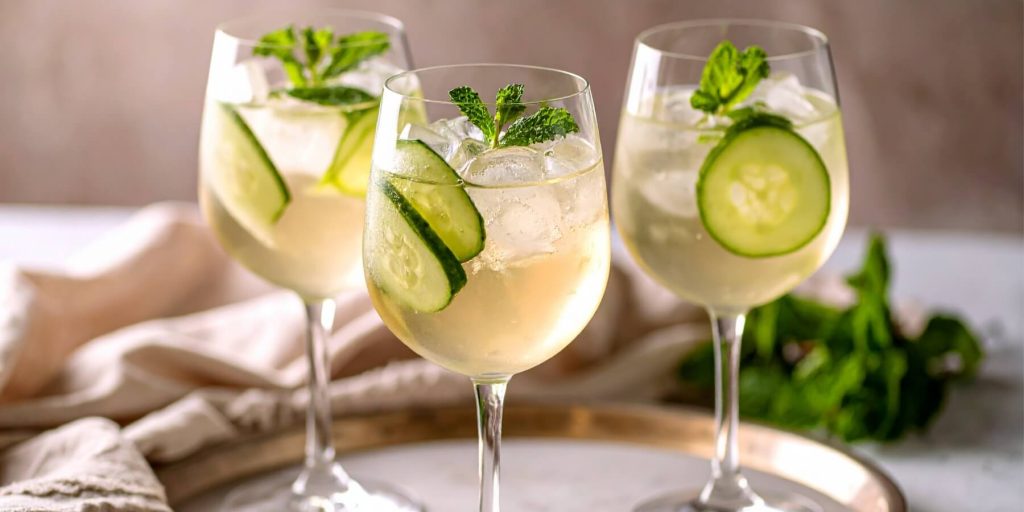 three cocktails with cucumber slices on a silver tray