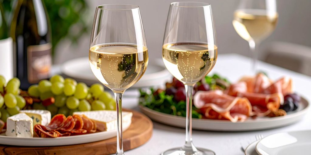 two white wine spritzers with charcuterie boards