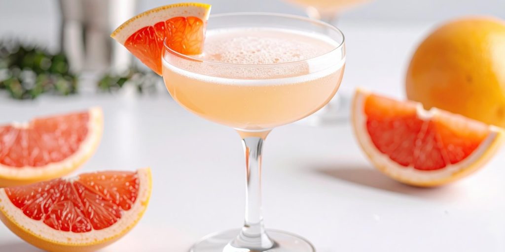 Close-up of a Greyhound cocktail with fresh grapefruit garnish