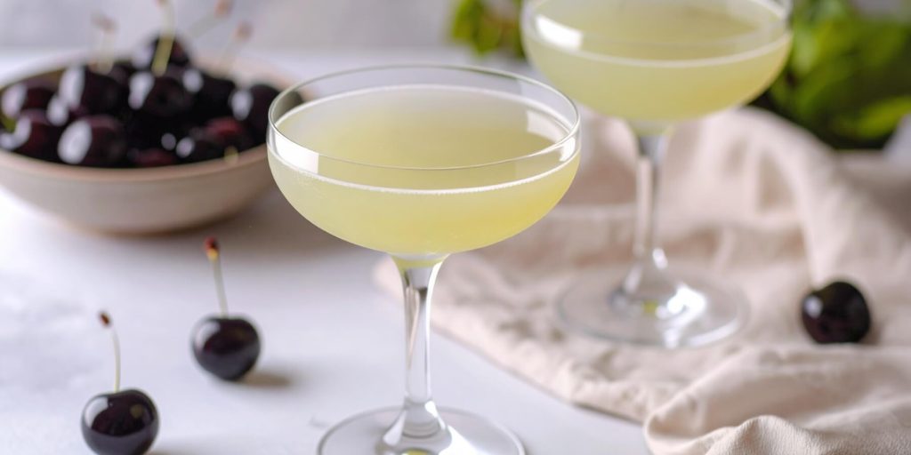 Two elegant Last Word cocktails served in coupe glasses, served next to a bowl of dark cherries