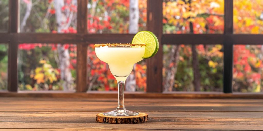 Maple Margarita in a margarita glass with a spiced rim and lime wheel garnish, set against a rustic autumn backdrop with blurred maple leaves.