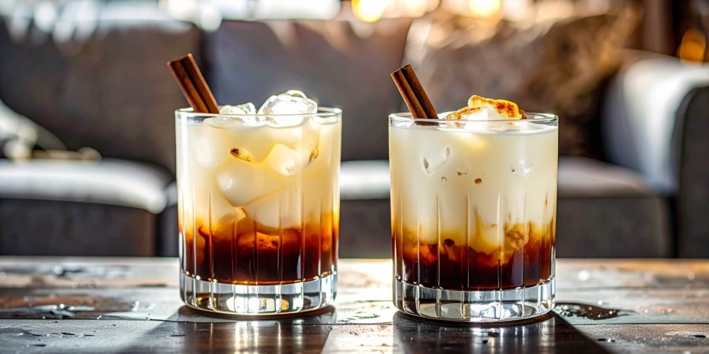 Two Maple White Russian cocktails garnished with cinnamon sticks on a table in a home lounge