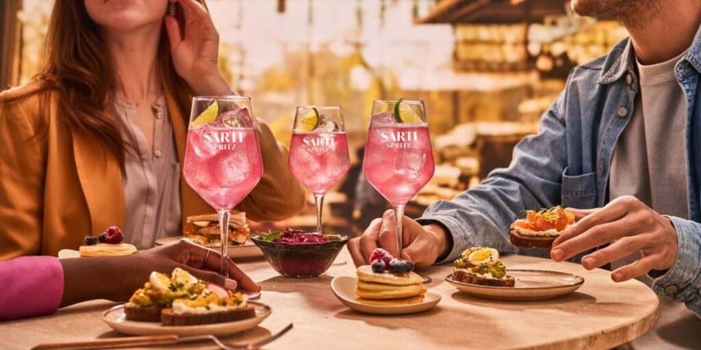 Three friends around a table enjoying Sarti Spritz cocktails alongisde aperitivo bites in the golden light of the late afternoon.