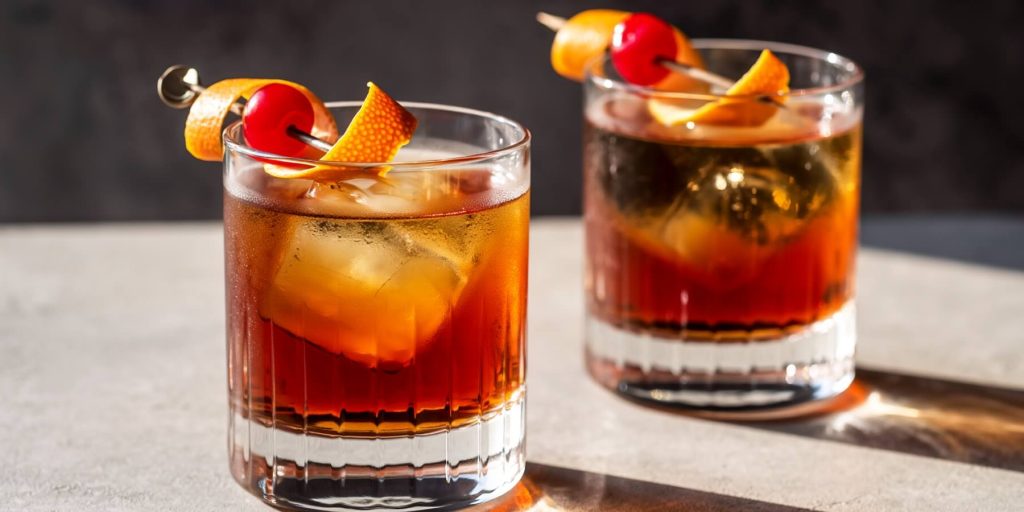 Two glasses of Old Fashioned cocktails with ice and garnish