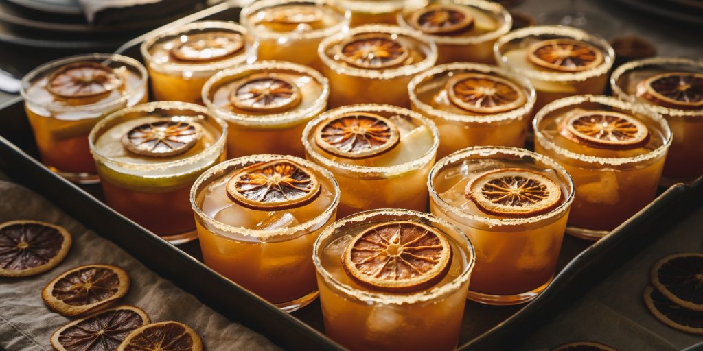 Rows of short cocktail glasses rimmed with sugar and filled with the Thanksgiving batch cocktail Cider Margaritas. Each glass is topped with a dried citrus wheel, displayed on a tray surrounded by more dried citrus slices.