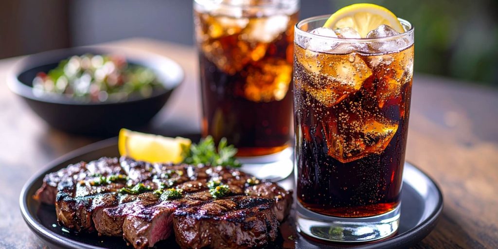 Two tall Herbal Highball Argentinian cocktails filled with dark cola and ice, garnished with lemon wedges. They sit beside a grilled steak plated with lemon and herbs, creating a hearty food and drink pairing scene.