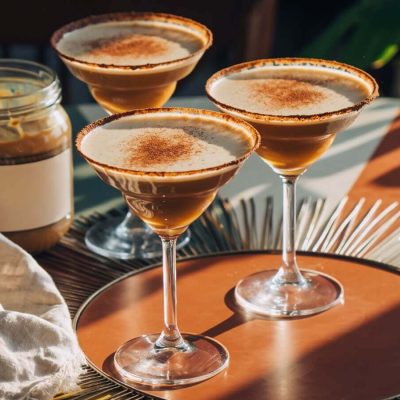Close-up of three decadent Dulce de Leche Mexican dessert cocktails