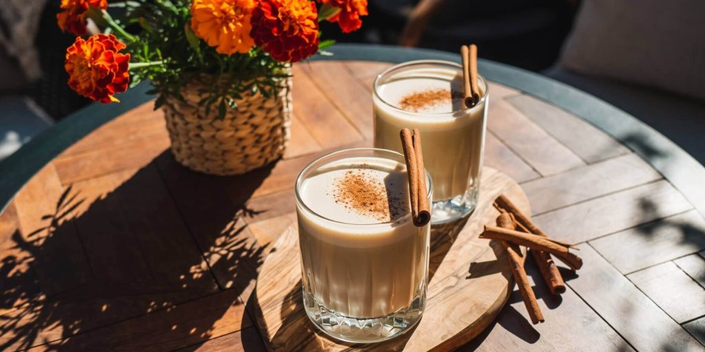 Two Horchata drinks with cinnamon stick garnish on a table with a vase of marigolds