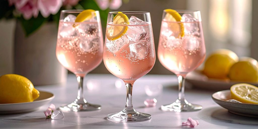 Three Sarti Lemon Spritz cocktails in ice-filled wine glasses 