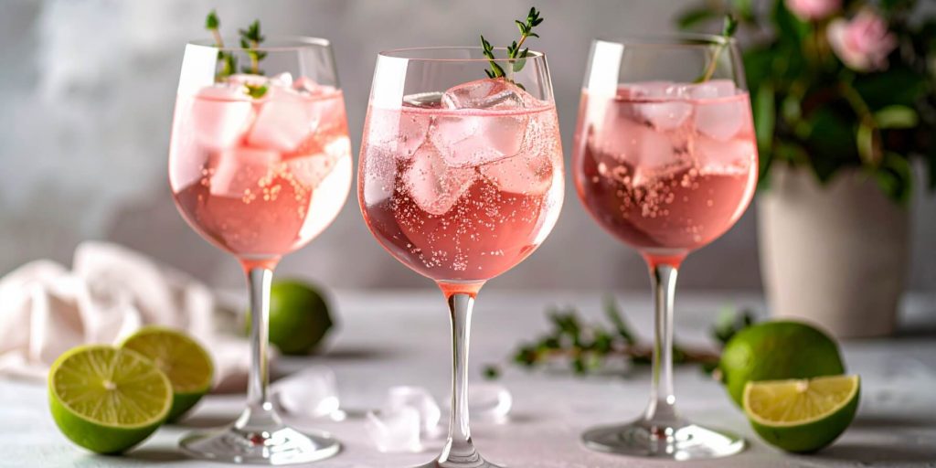 Three Sarti Spritz drinks in ice-filled wine glasses with fresh thyme garnish