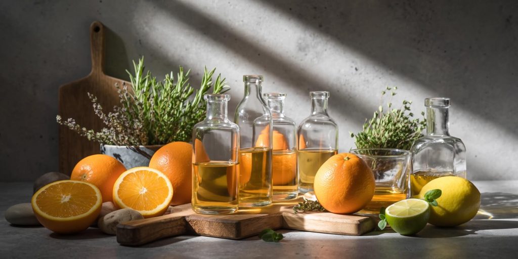 A rustic table set up with wooden boards, fresh herbs, lemons, limes and oranges with spirits in various size bottles