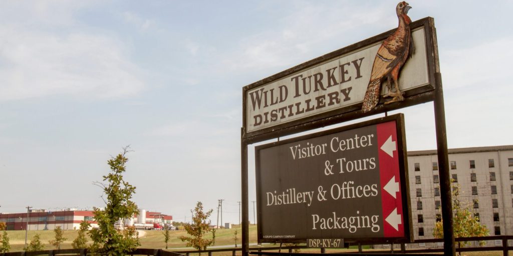 A Wild Turkey sign directing visitors at the Wild Turkey Distillery in Lawrenceburg.